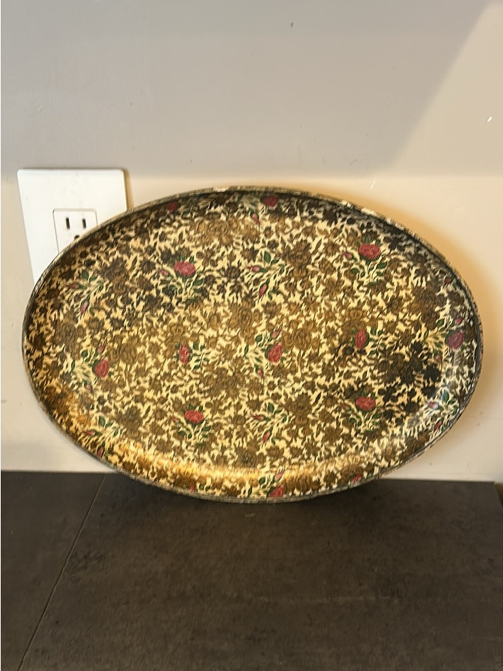 Vintage Gold Floral Oval Paper Mache Tray with Floral Accents
